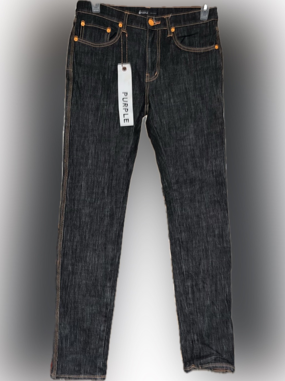 Purple Brand Slim tapered p-001 raw Black denim Jean Contrast Gold orange nwt 32